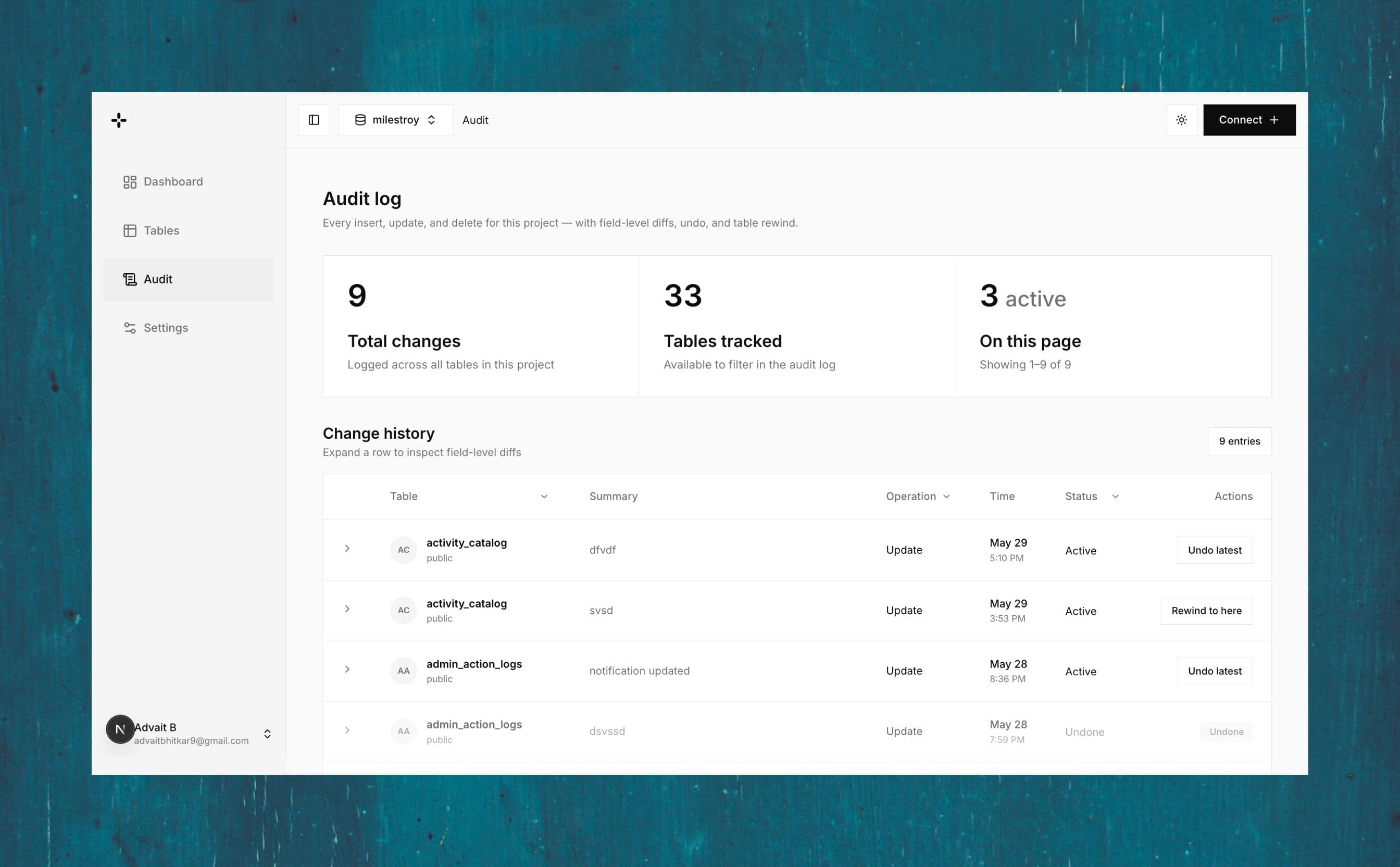 Undobase.io audit log — light theme