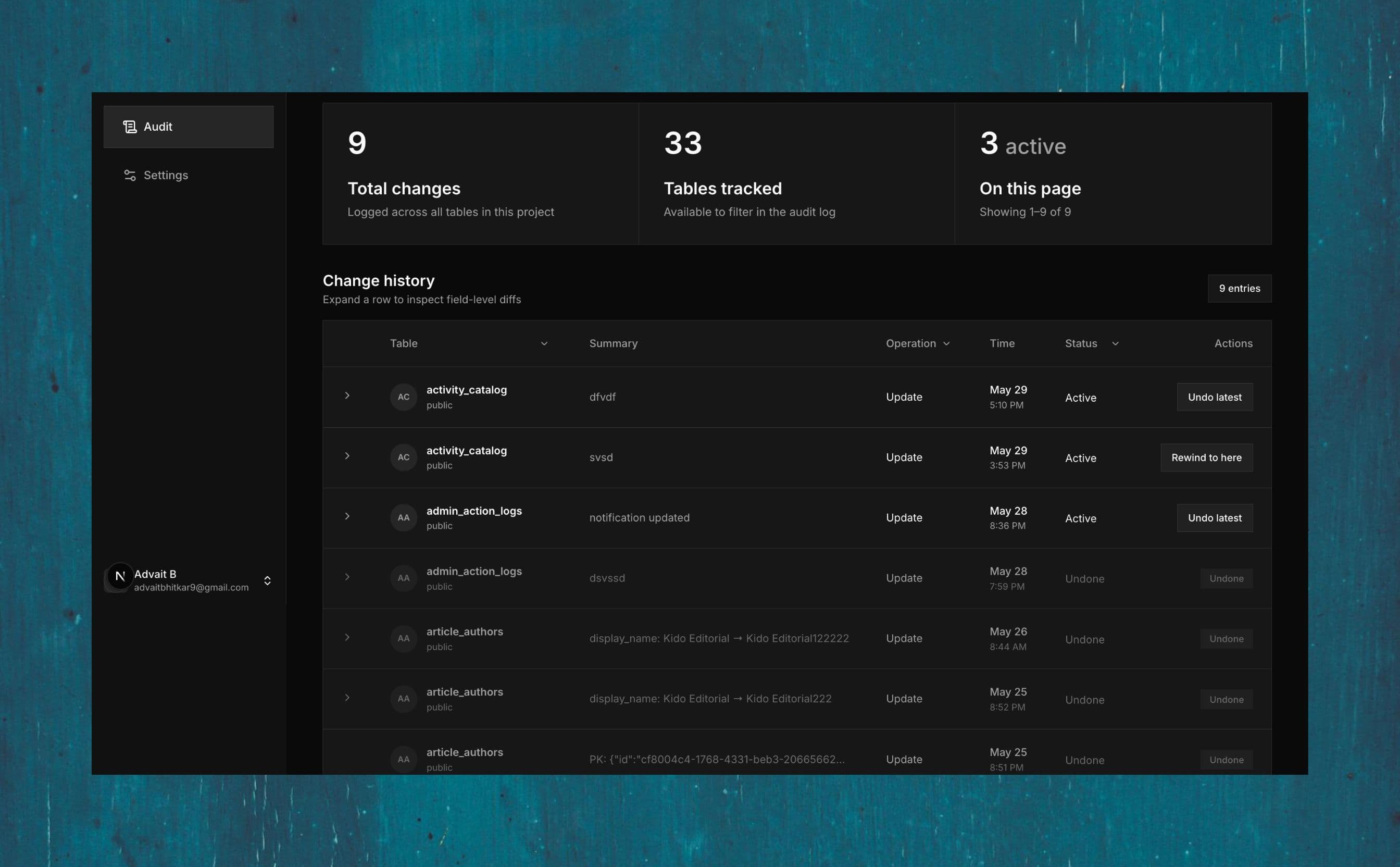 Undobase.io audit log — dark theme