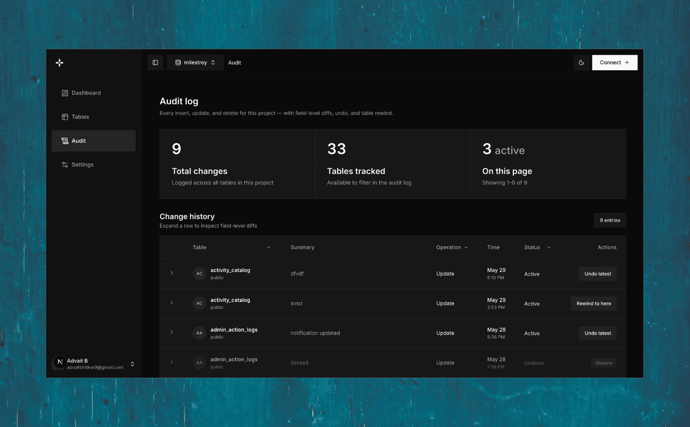 Undobase.io audit log — dark theme